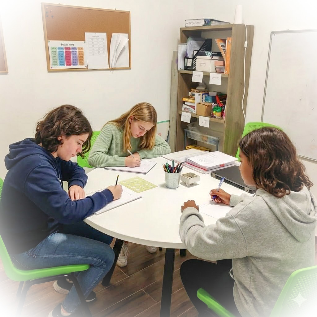 Three students writing in notebooks at a round table during a math lesson, with a “Math Time” multiplication chart on the wall behind them.
