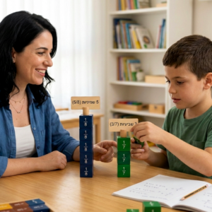 Math tutor and student using fraction blocks (5/8 and 3/7) during a hands-on fractions lesson at a wooden table.